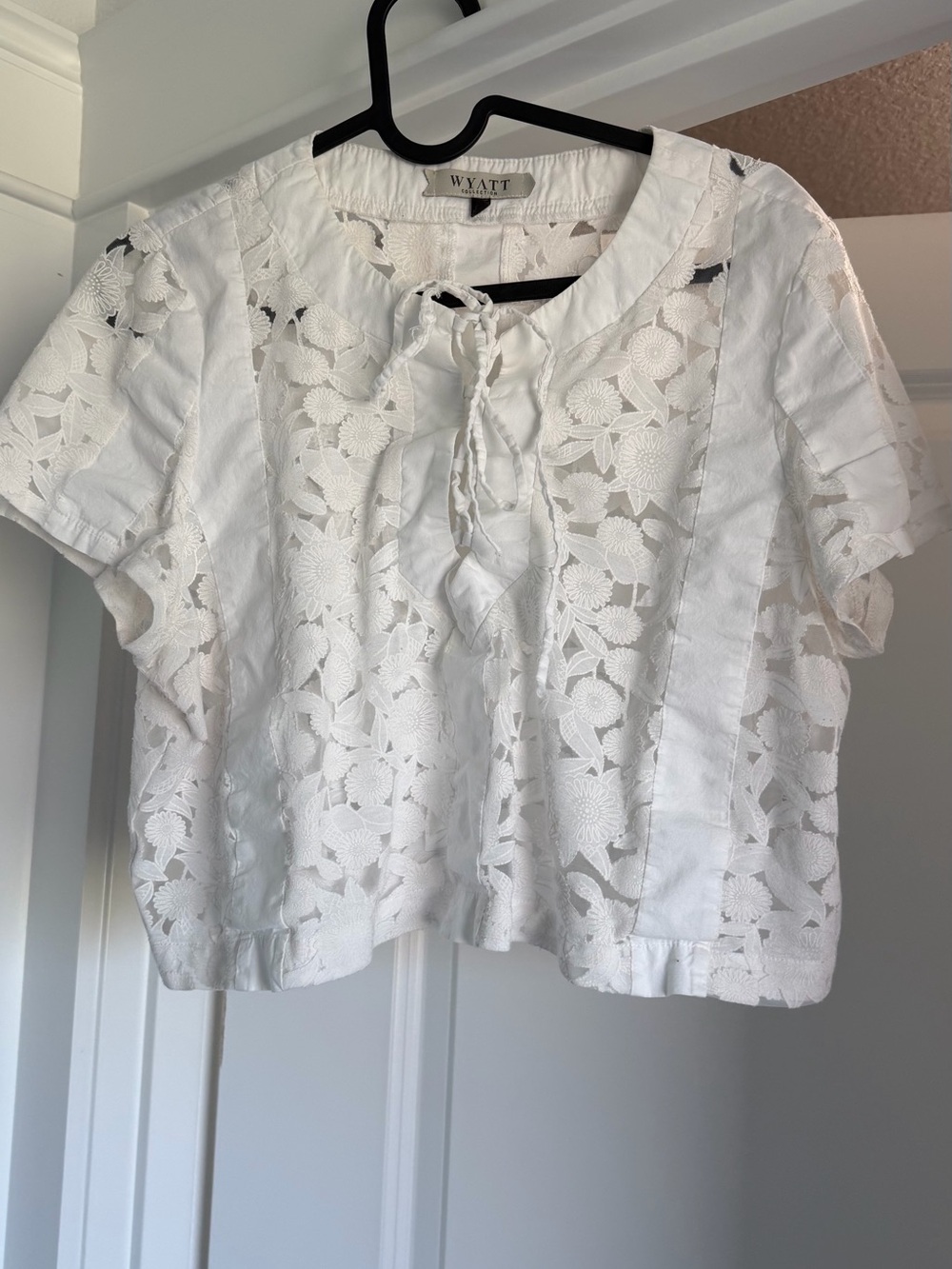 White Floral Lace Tie-Neck Short Sleeve Top